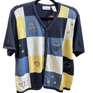 Hearts Stars Storybook‎ Patchwork Cardigan Vintage 90s Sweater Womens L Blue